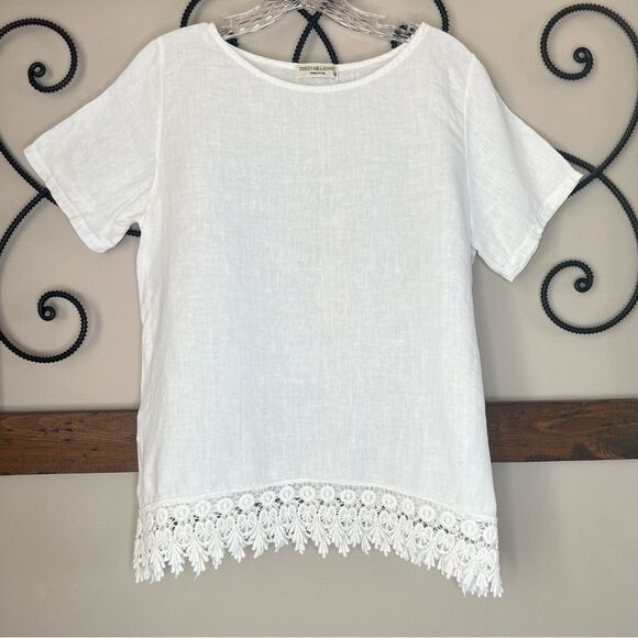 Terzo Millennio Italian Linen Crocheted Short Sleeve Crisp White Tunic Blouse - Picture 2 of 10